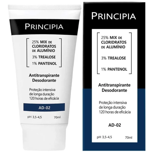 Antitranspirante Desodorante Principia AD-02: 25% Mix de Cloridratos de Alumínio, 3% Trealose e 1% Pantenol (70ml)