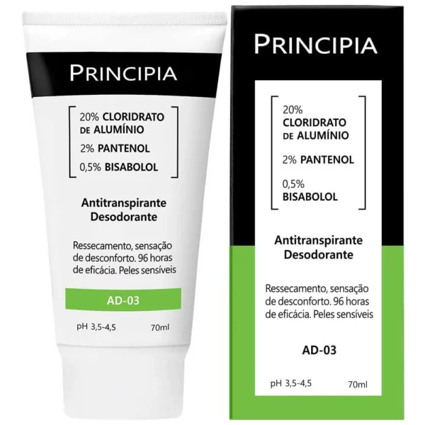 Antitranspirante Desodorante Principia AD-03: 20% Cloridrato de Alumínio, 2% Pantenol e 0,5% Bisabolol - Peles Sensíveis (70ml)