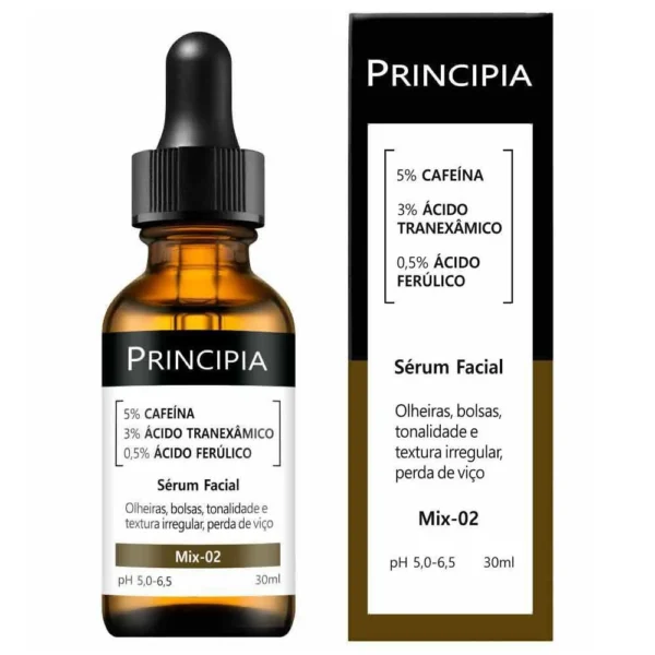 Sérum Facial Principia Mix-02: 5% Cafeína, 3% Ácido Tranexâmico e 0,5% Ácido Ferúlico - Clareador de Manchas e Olheiras (30ml)